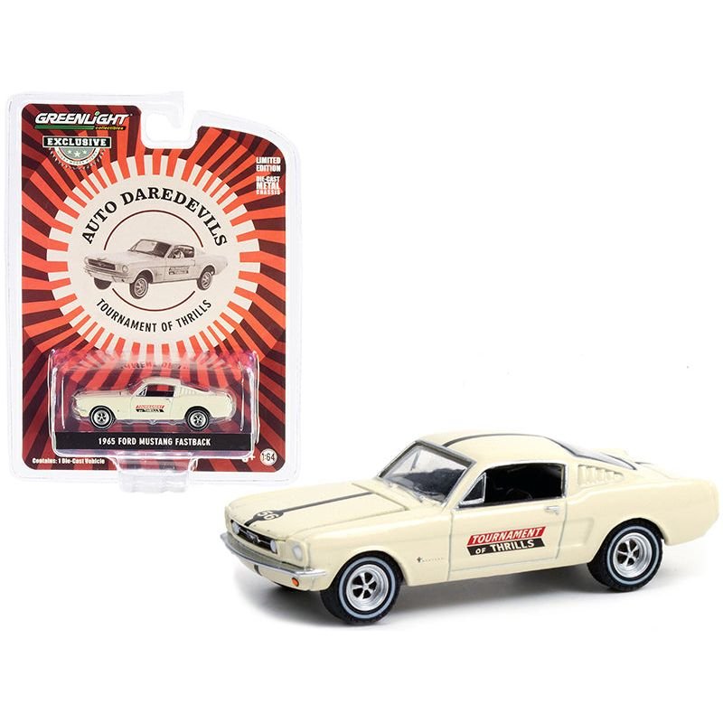 1965 Ford Mustang Fastback 56 Cream Auto Daredevils "Tournament Of Thrills" "Hobby Exclusive" 1/64 Diecast Model Car by Greenlight - Greenlight - ModelCars.com
