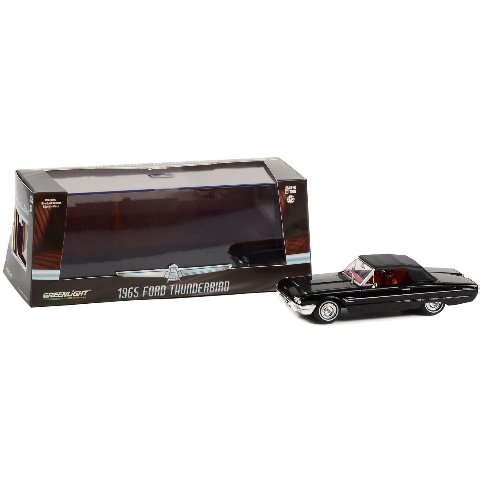 1965 Ford Thunderbird Convertible (Top - Up) Raven Black with Red Interior 1/43 Diecast Model Car by Greenlight - Greenlight - ModelCars.com