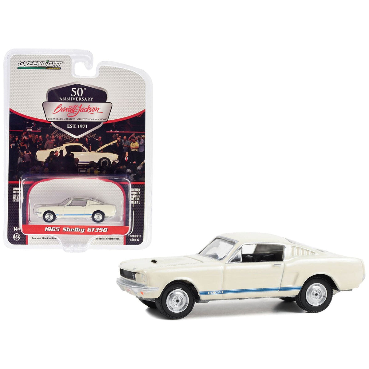 1965 Shelby GT350 White with Blue Stripes (Lot 1381) Barrett Jackson "Scottsdale Edition" Series 12 1/64 Diecast Model Car by Greenlight - Greenlight - ModelCars.com