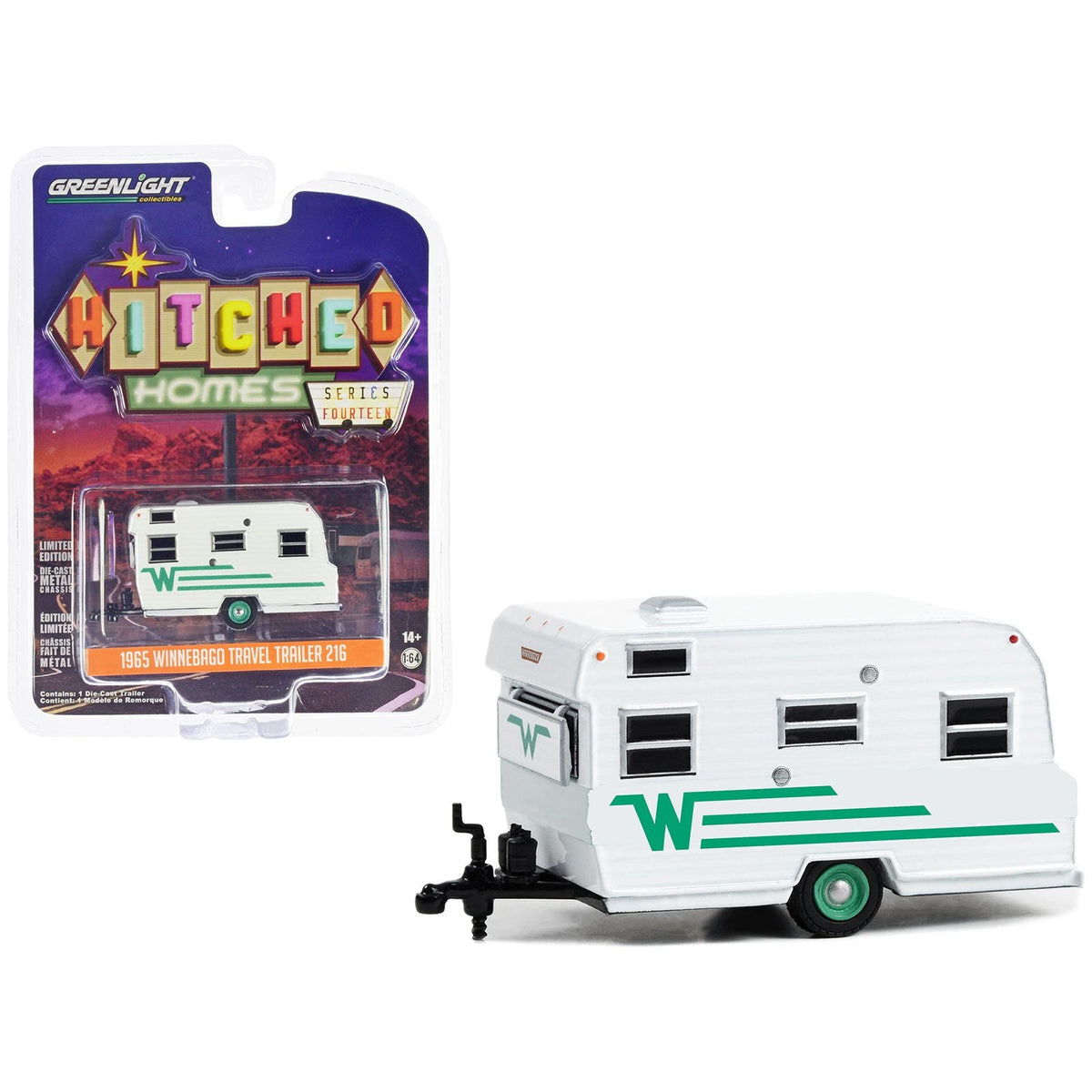 1965 Winnebago Travel Trailer 216 White with Green Stripes "Hitched Homes" Series 14 1/64 Diecast Model by Greenlight - Greenlight - ModelCars.com