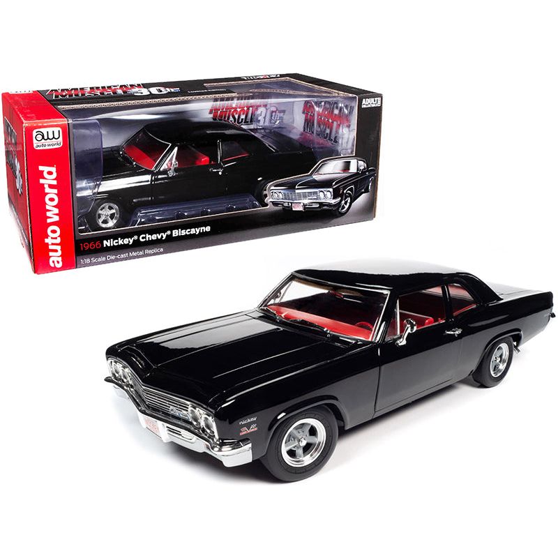 1966 Chevrolet Biscayne Nickey Coupe Tuxedo Black with Red Interior "American Muscle 30th Anniversary" (1991-2021) 1/18 Diecast Model Car by Auto World-Autoworld-ModelCars.com