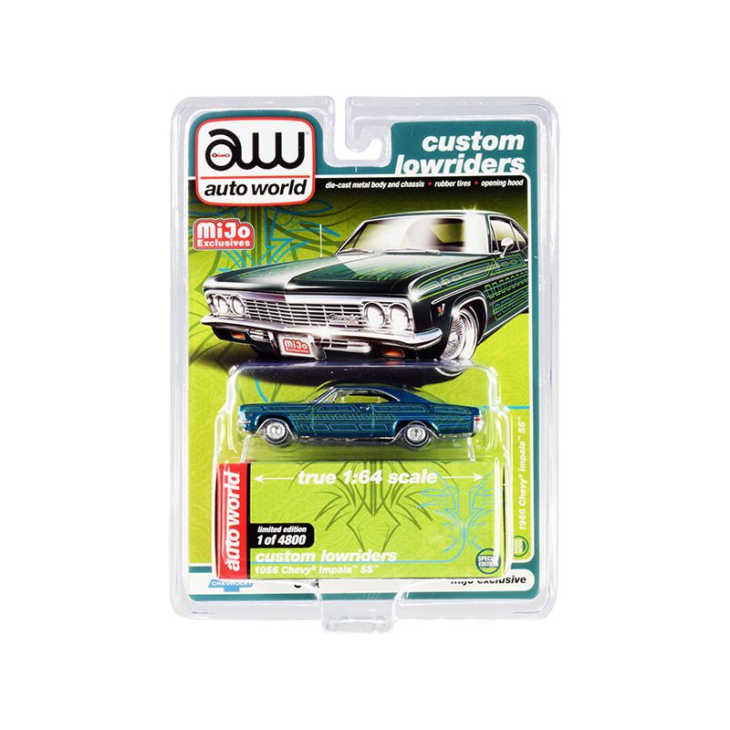 1966 Chevrolet Impala SS Blue Metallic with Graphics "Custom Lowriders" Limited Edition to 4800 pieces Worldwide 1/64 Diecast Model Car by Auto World - Autoworld - ModelCars.com
