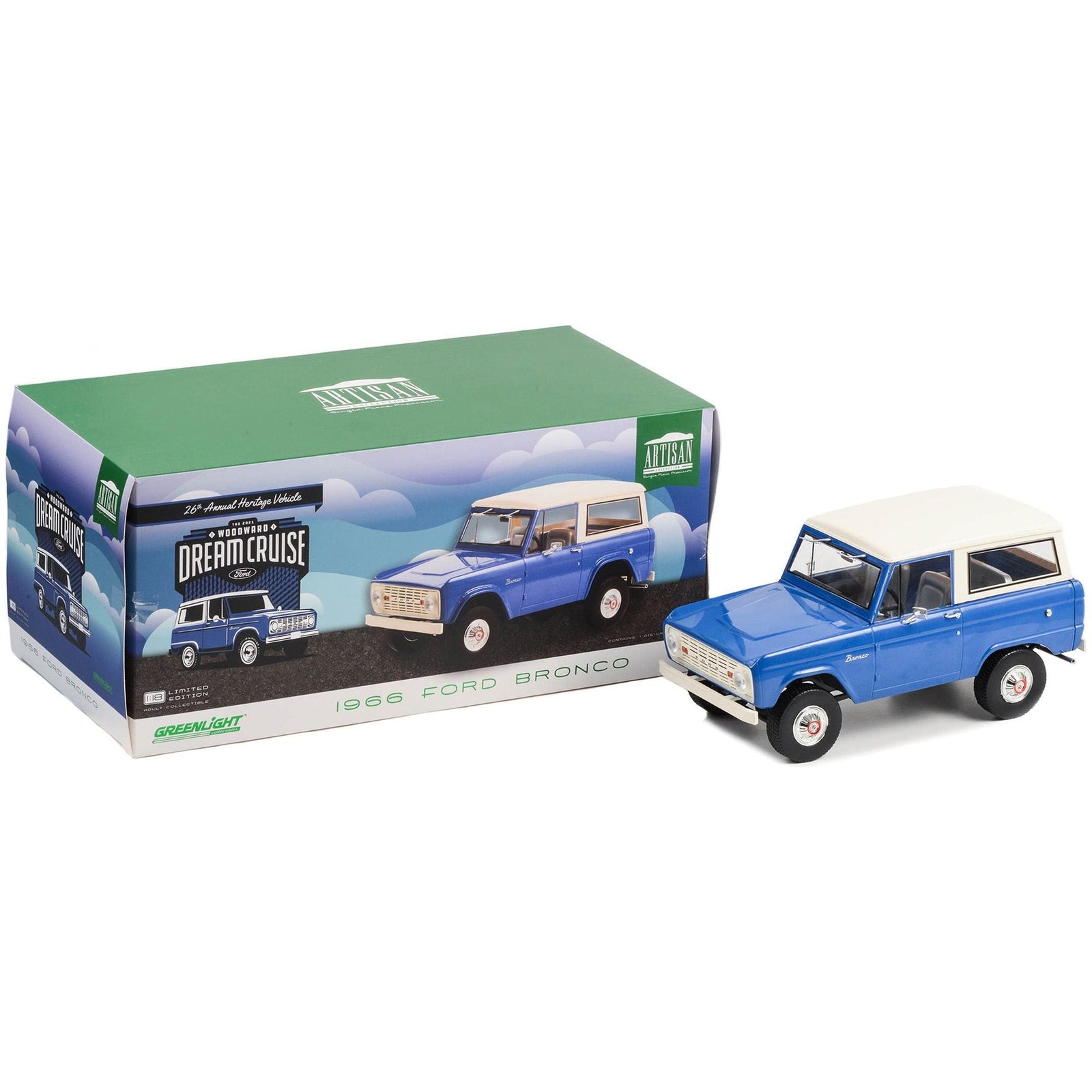 1966 Ford Bronco Blue with Cream Top "26th Annual Woodward Dream Cruise Featured Heritage Vehicle" "Artisan Collection" 1/18 Diecast Model Car by Greenlight - Greenlight - ModelCars.com
