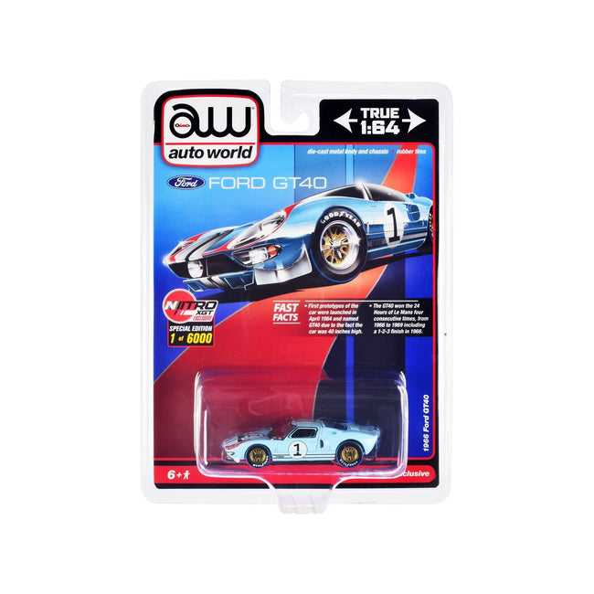1966 Ford GT40 RHD (Right Hand Drive) 1 Light Blue with Stripes Limited Edition to 6000 pieces Worldwide 1/64 Diecast Model Car by Auto World-Autoworld-ModelCars.com