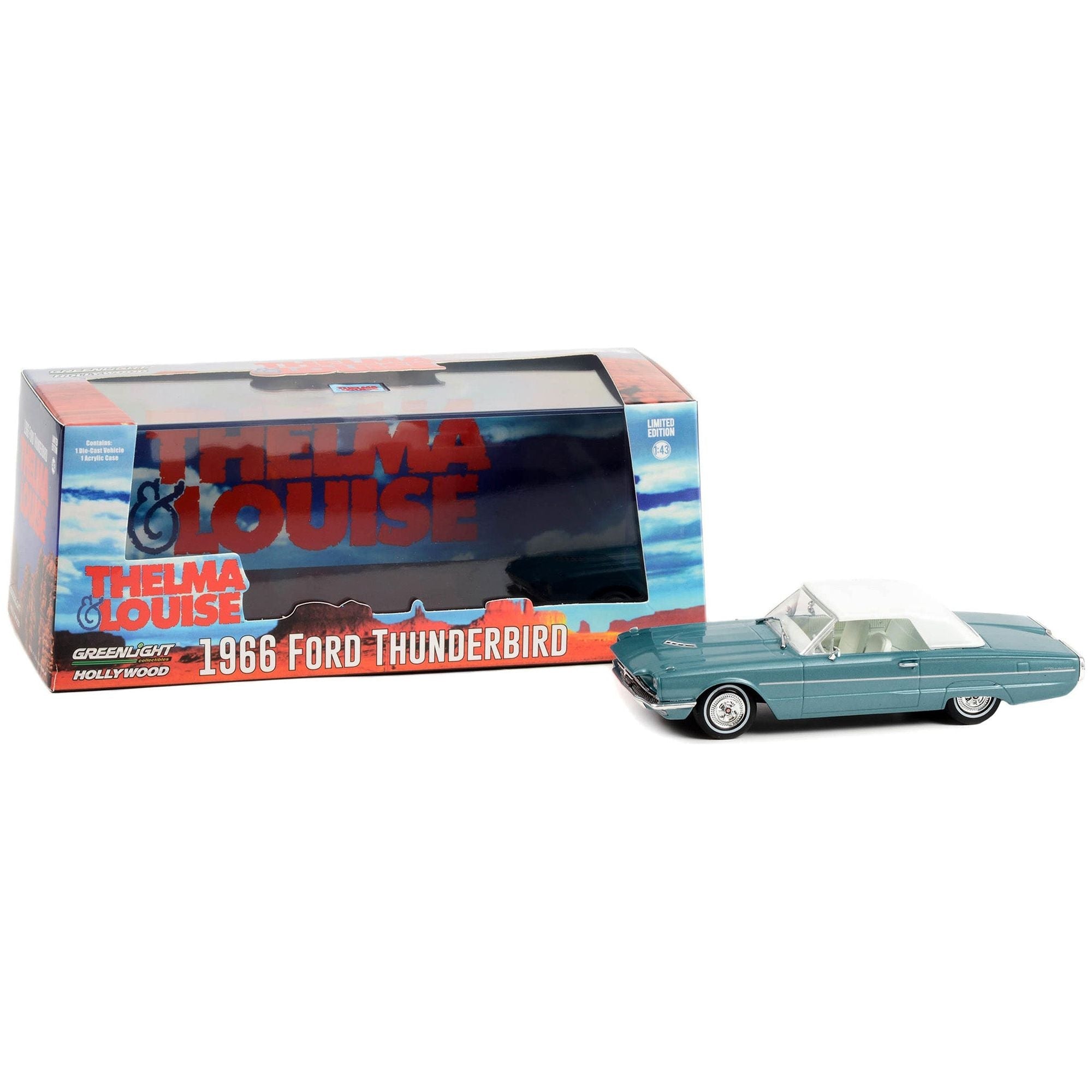 1966 Ford Thunderbird Convertible (Top - Up) Light Blue Metallic with White Interior "Thelma & Louise" (1991) Movie "Hollywood" Series 1/43 Diecast Model Car by Greenlight - Greenlight - ModelCars.com