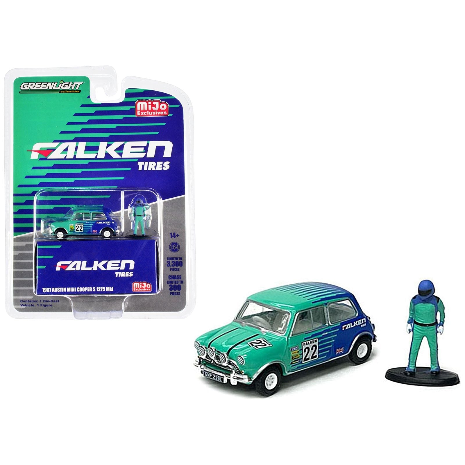 1967 Austin Mini Cooper S 1275 MKI RHD (Right Hand Drive) 22 "Falken Tires" and Driver Figure Limited Edition to 3300 pieces Worldwide 1/64 Diecast Model Car by Greenlight - Greenlight - ModelCars.com