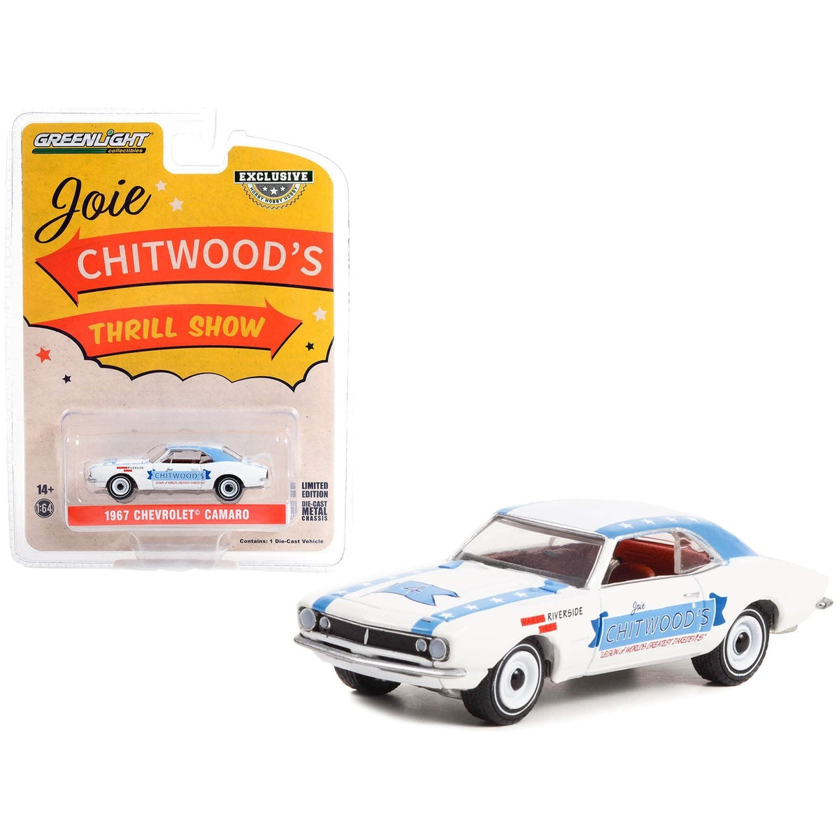 1967 Chevrolet Camaro White with Blue Stripes "Joie Chitwoodâ€™s Thrill Show: Legion of Worlds Greatest Daredevils" "Hobby Exclusive" Series 1/64 Diecast Model Car by Greenlight-Greenlight-ModelCars.com