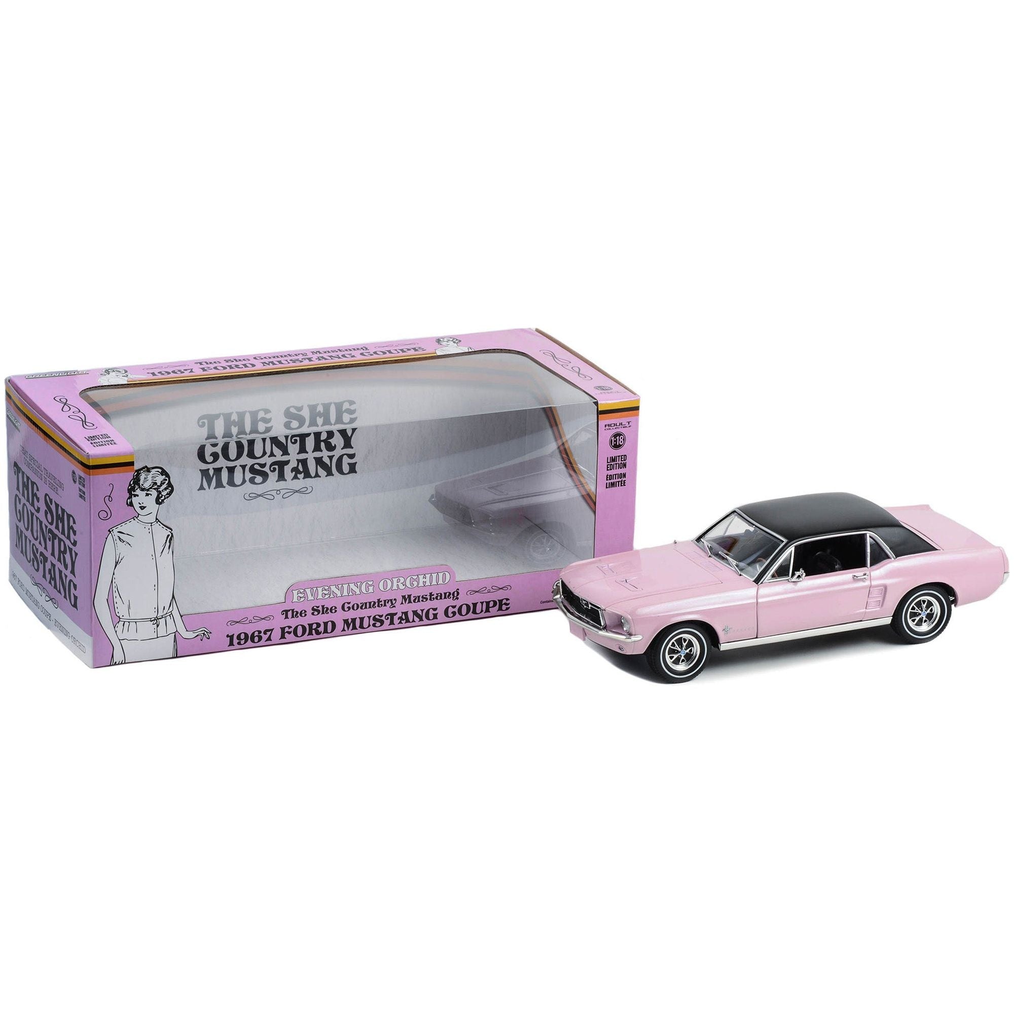 1967 Ford Mustang Coupe Evening Orchid Pink Metallic with Black Top "She Country Special - Bill Goodro Ford Denver Colorado" 1/18 Diecast Model Car by Greenlight - Greenlight - ModelCars.com