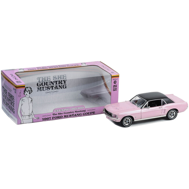 1967 Ford Mustang Coupe Evening Orchid Pink Metallic with Black Top "She Country Special - Bill Goodro Ford Denver Colorado" 1/18 Diecast Model Car by Greenlight - Greenlight - ModelCars.com