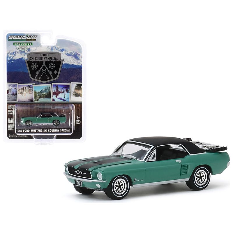 1967 Ford Mustang Coupe Loveland Green Metallic with Black Stripes and Black Top and a Pair of Skis "Ski Country Special" "Hobby Exclusive" 1/64 Diecast Model Car by Greenlight-Greenlight-ModelCars.com