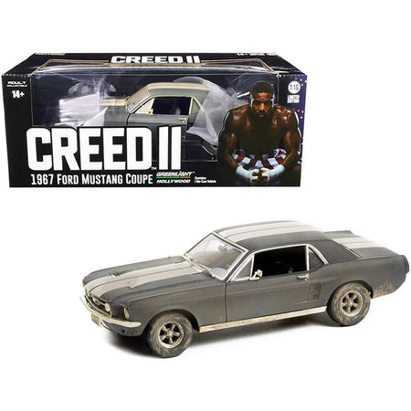 1967 Ford Mustang Coupe Matt Black with White Stripes (Weathered) (Adonis Creed's) "Creed II" (2018) Movie 1/18 Diecast Model Car by Greenlight - Greenlight - ModelCars.com
