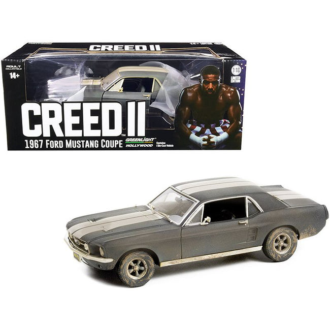 1967 Ford Mustang Coupe Matt Black with White Stripes (Weathered) (Adonis Creed's) "Creed II" (2018) Movie 1/18 Diecast Model Car by Greenlight - Greenlight - ModelCars.com