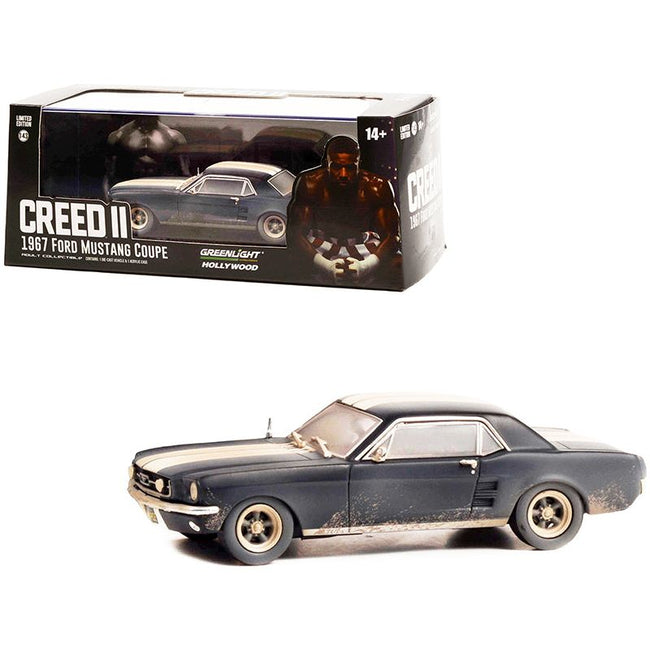 1967 Ford Mustang Coupe Matt Black with White Stripes (Weathered) (Adonis Creed's) "Creed II" (2018) Movie 1/43 Diecast Model Car by Greenlight - Greenlight - ModelCars.com