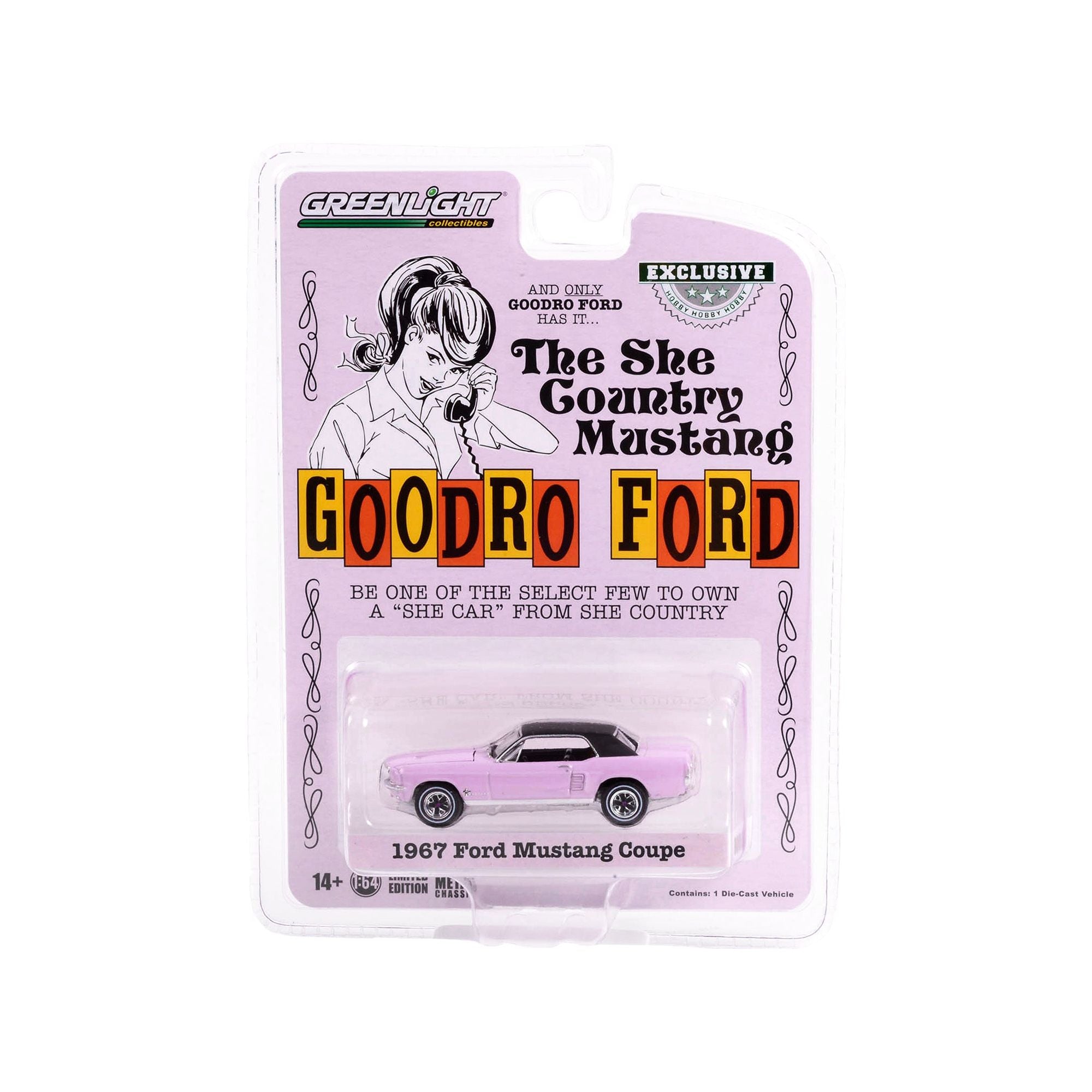 1967 Ford Mustang Evening Orchid Pink with Black Top "She Country Special" "Bill Goodro Ford Denver Colorado" "Hobby Exclusive" Series 1/64 Diecast Model Car by Greenlight - Greenlight - ModelCars.com