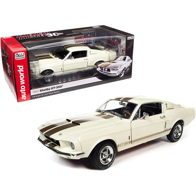 1967 Ford Mustang Shelby GT-350 Wimbledon White with Twin Gold Stripes "American Muscle 30th Anniversary" (1991-2021) 1/18 Diecast Model Car by Auto World-Autoworld-ModelCars.com