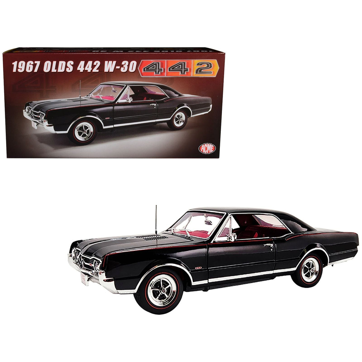 1967 Oldsmobile 442 W-30 Ebony Black with Red Interior Limited Edition to 690 pieces Worldwide 1/18 Diecast Model Car by ACME-Acme-ModelCars.com