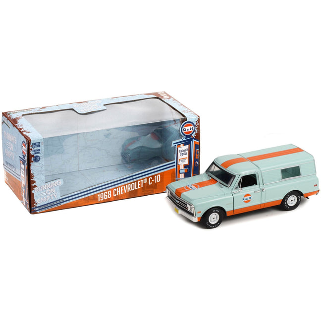1968 Chevrolet C - 10 Pickup Truck Light Blue with Orange Stripes with Camper Shell "Gulf Oil" "Running on Empty" Series 5 1/24 Diecast Model Car by Greenlight - Greenlight - ModelCars.com