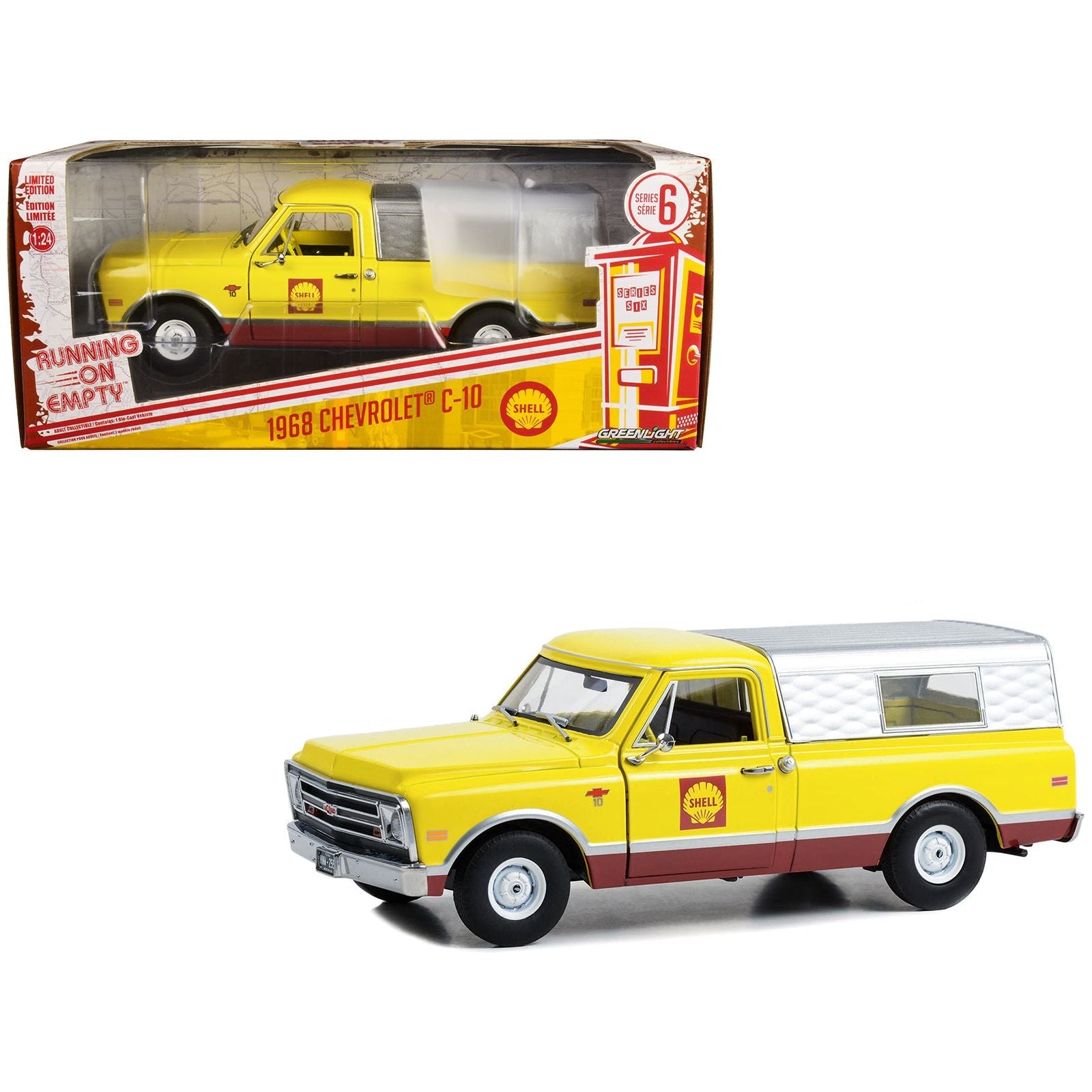 1968 Chevrolet C - 10 Pickup Truck Yellow and Red with Camper Shell "Shell Oil" "Running on Empty" Series 6 1/24 Diecast Model Car by Greenlight - Greenlight - ModelCars.com