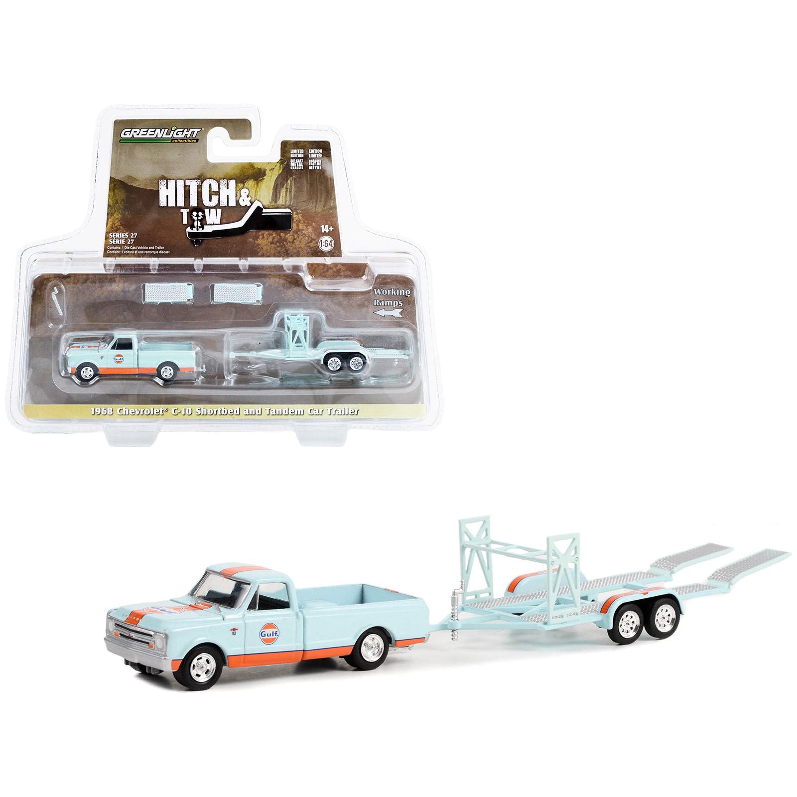 1968 Chevrolet C - 10 Shortbed Pickup Truck Light Blue and Orange and Tandem Car Trailer "Gulf Oil" "Hitch & Tow" Series 27 1/64 Diecast Model Car by Greenlight - Greenlight - ModelCars.com