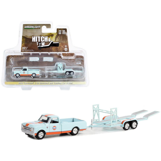 1968 Chevrolet C - 10 Shortbed Pickup Truck Light Blue and Orange and Tandem Car Trailer "Gulf Oil" "Hitch & Tow" Series 27 1/64 Diecast Model Car by Greenlight - Greenlight - ModelCars.com