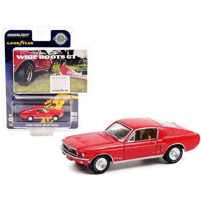 1968 Ford Mustang Red "Wide Boots GT" Goodyear Vintage Ad Cars 1/64 Diecast Model Car by Greenlight-Greenlight-ModelCars.com