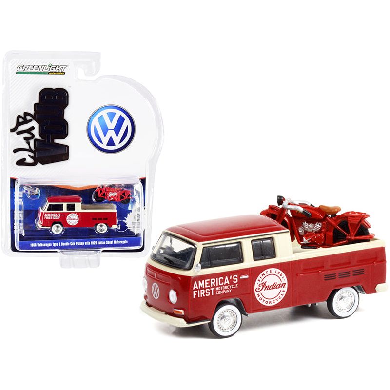 1968 Volkswagen Type 2 Double Cab Pickup Truck Red and Cream "America's First Motorcycle Company" and 1920 Indian Scout Motorcycle Red "Club Vee V-Dub" Series 13 1/64 Diecast Model Car by Greenlight-Greenlight-ModelCars.com