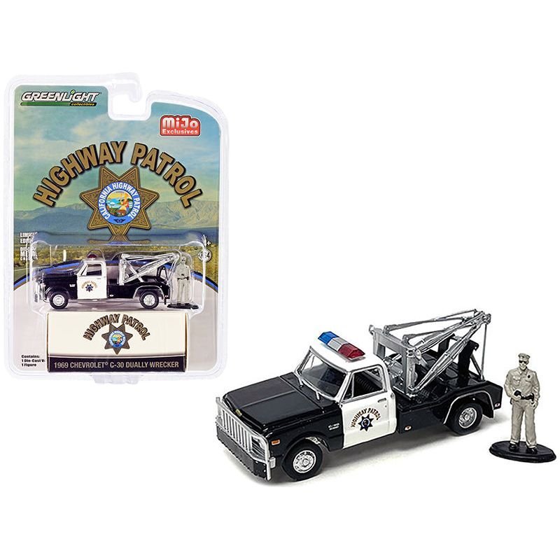 1969 Chevrolet C-30 Dually Wrecker Tow Truck Black and White CHP "California Highway Patrol" with Officer Figurine 1/64 Diecast Model Car by Greenlight-Greenlight-ModelCars.com