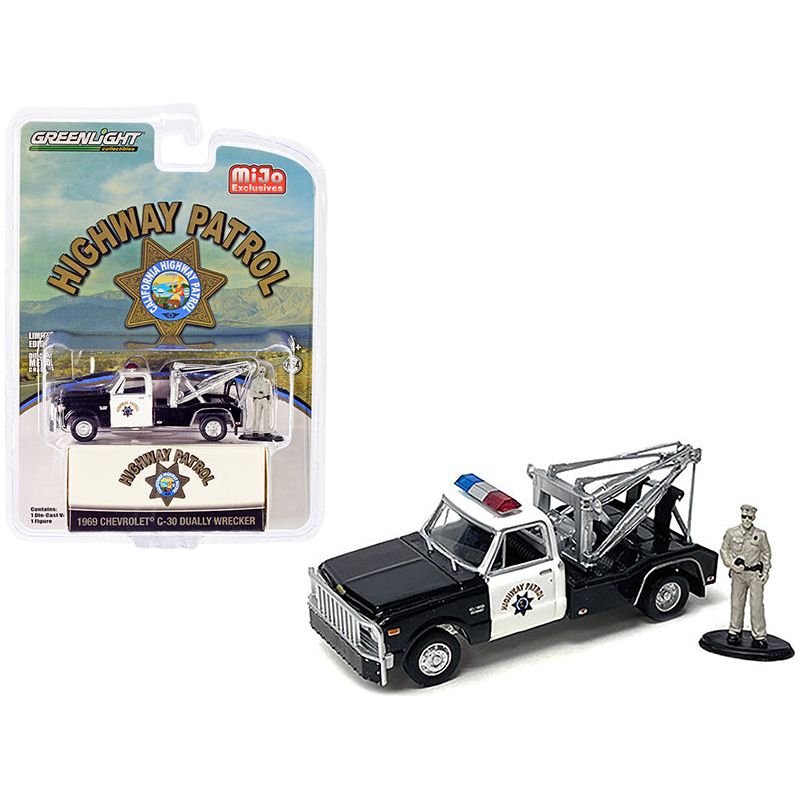 1969 Chevrolet C - 30 Dually Wrecker Tow Truck Black and White CHP "California Highway Patrol" with Officer Figurine 1/64 Diecast Model Car by Greenlight - Greenlight - ModelCars.com