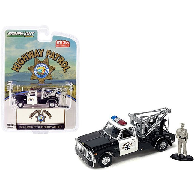 1969 Chevrolet C - 30 Dually Wrecker Tow Truck Black and White CHP "California Highway Patrol" with Officer Figurine 1/64 Diecast Model Car by Greenlight - Greenlight - ModelCars.com