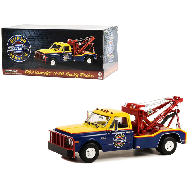 1969 Chevrolet C - 30 Dually Wrecker Tow Truck "Chevrolet Super Service" Yellow and Blue 1/18 Diecast Car Model by Greenlight - Greenlight - ModelCars.com