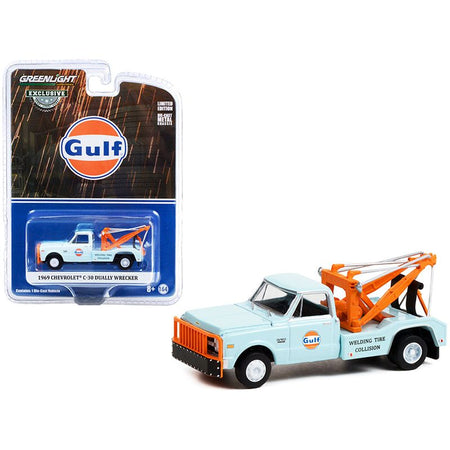 1969 Chevrolet C-30 Dually Wrecker Tow Truck "Gulf Oil" Light Blue "Welding Tire Collision" "Hobby Exclusive" 1/64 Diecast Model Car by Greenlight-Greenlight-ModelCars.com