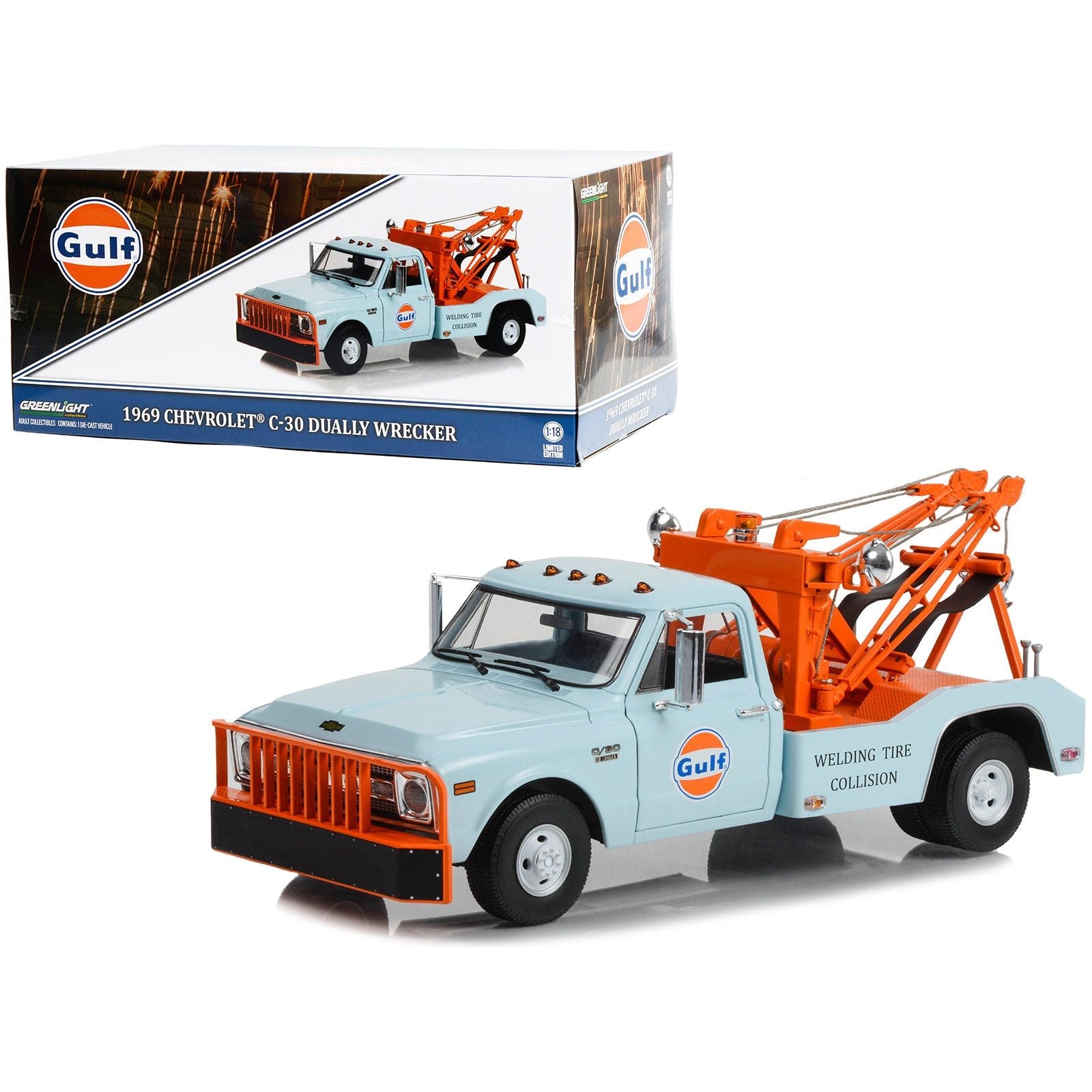 1969 Chevrolet C - 30 Dually Wrecker Tow Truck "Gulf Oil Welding Tire Collision" Light Blue with Orange 1/18 Diecast Car Model by Greenlight - Greenlight - ModelCars.com