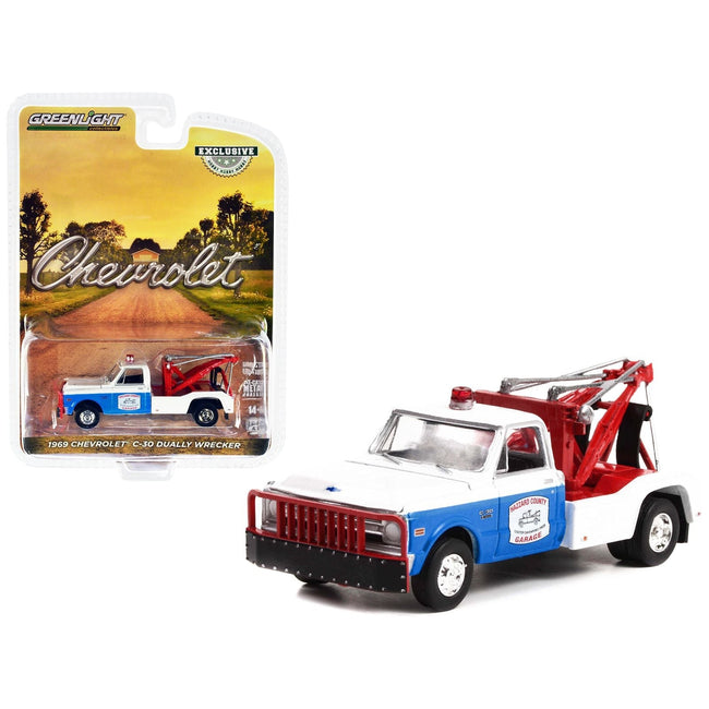 1969 Chevrolet C-30 Dually Wrecker Tow Truck White and Blue "Hazzard County Garage" "Hobby Exclusive" 1/64 Diecast Model Car by Greenlight-Greenlight-ModelCars.com