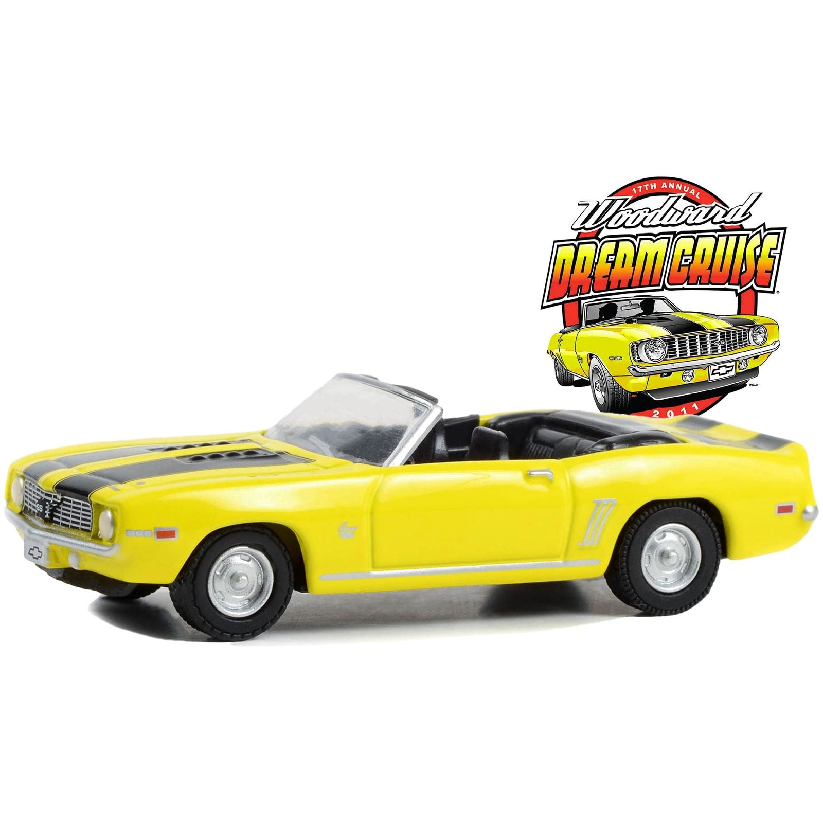 1969 Chevrolet Camaro SS Convertible Yellow with Black Stripes "17th Annual Woodward Dream Cruise Featured Heritage Vehicle" (2011) "Woodward Dream Cruise" Series 1 1/64 Diecast Model Car by Greenlight - Greenlight - ModelCars.com