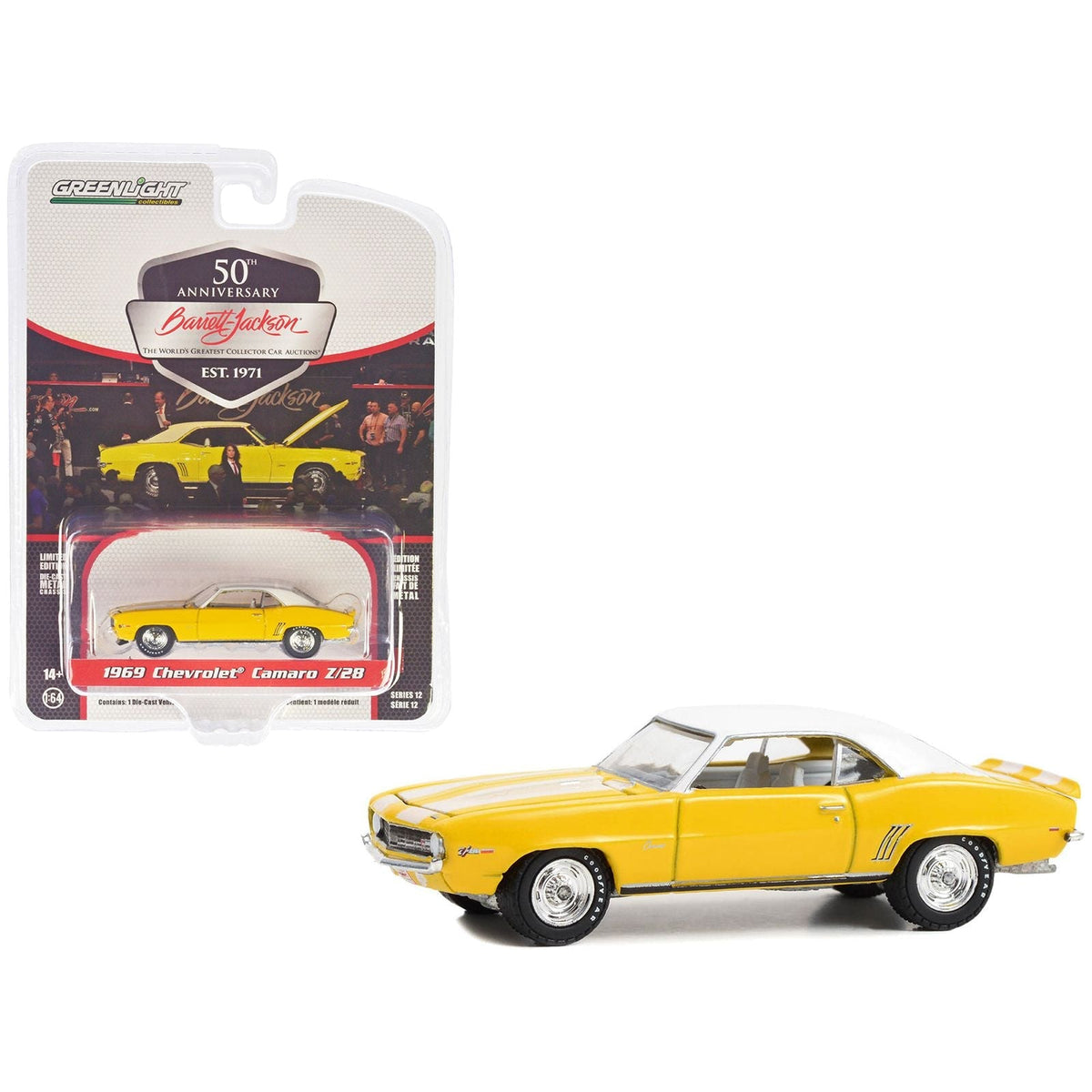 1969 Chevrolet Camaro Z/28 Daytona Yellow with White Stripes Top and Interior (Lot 1043) Barrett Jackson "Scottsdale Edition" Series 12 1/64 Diecast Model Car by Greenlight-Greenlight-ModelCars.com