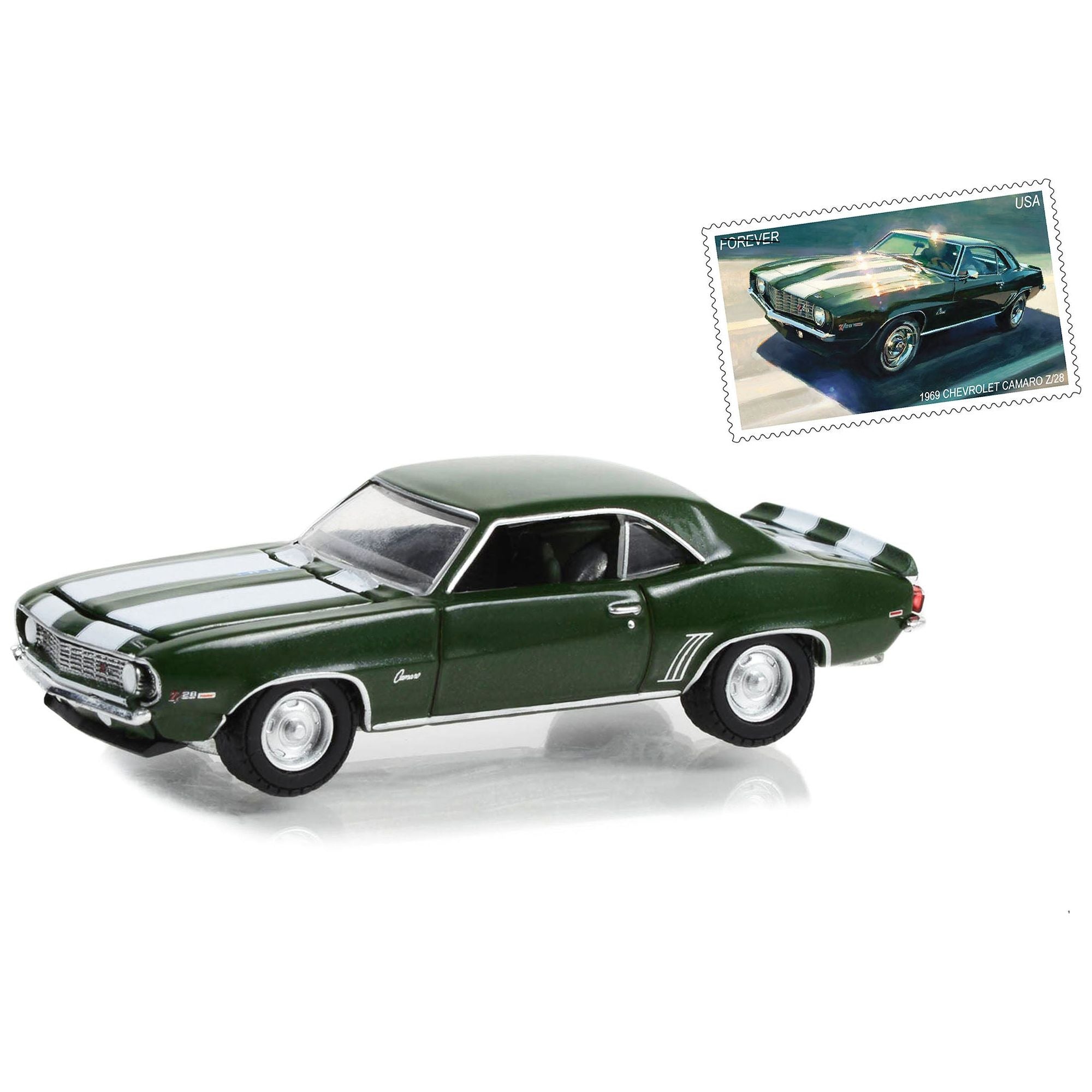 1969 Chevrolet Camaro Z/28 Green Metallic with White Stripes USPS (United States Postal Service) "2022 Pony Car Stamp Collection by Artist Tom Fritz" "Hobby Exclusive" Series 1/64 Diecast Model Car by Greenlight - Greenlight - ModelCars.com