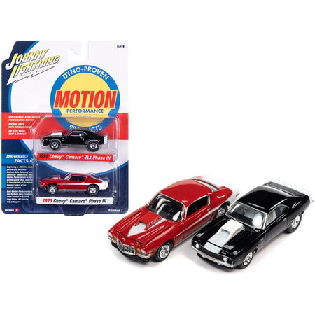 1969 Chevrolet Camaro ZLX Phase III Black with White Stripes and 1973 Chevrolet Camaro Phase III Medium Red and White "Baldwin Motion" Set of 2 Cars 1/64 Diecast Model Cars by Johnny Lightning - Autoworld - ModelCars.com