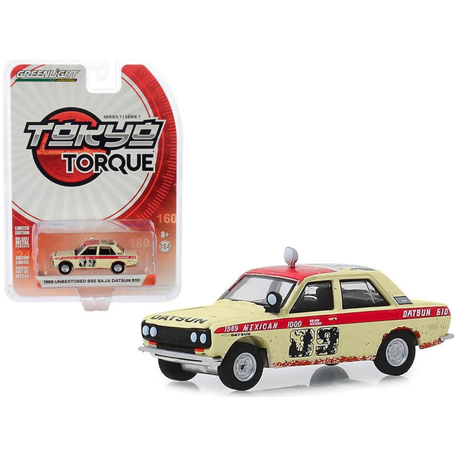 1969 Datsun 510 4 - Door Sedan 89 Peter Brock "Brock Racing Enterprises" (BRE) Mexican 1000 Rally (1969) (Unrestored) "Tokyo Torque" Series 7 1/64 Diecast Model Car by Greenlight - Greenlight - ModelCars.com