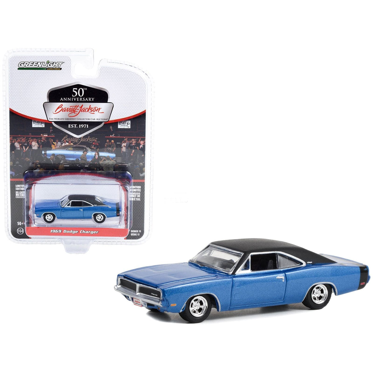 1969 Dodge Charger Blue Metallic with Black Vinyl Top and Tail Stripe (Lot 465.1) Barrett Jackson "Scottsdale Edition" Series 11 1/64 Diecast Model Car by Greenlight-Greenlight-ModelCars.com