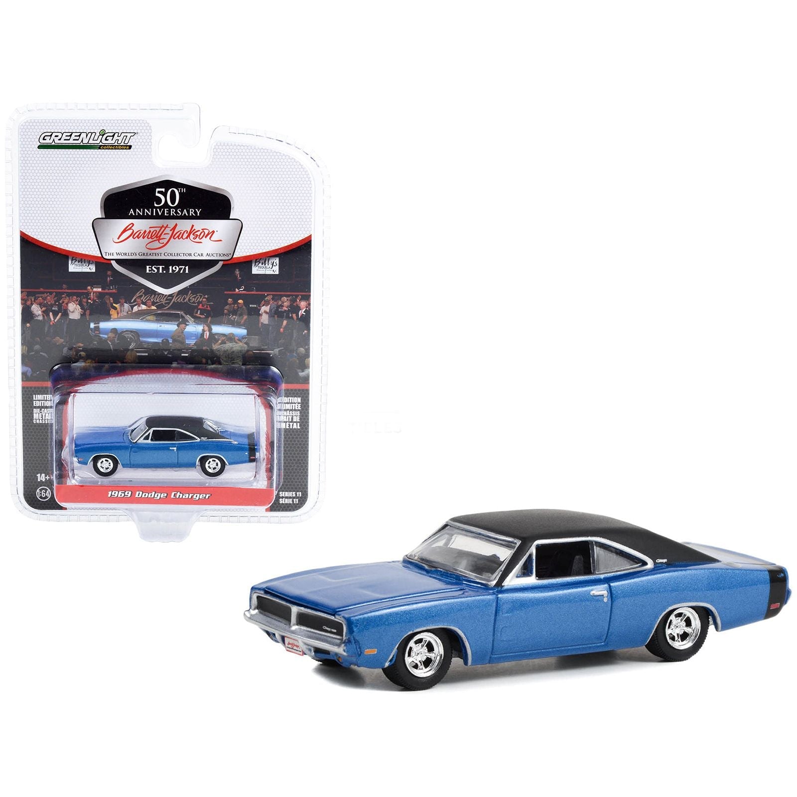 1969 Dodge Charger Blue Metallic with Black Vinyl Top and Tail Stripe (Lot 465.1) Barrett Jackson "Scottsdale Edition" Series 11 1/64 Diecast Model Car by Greenlight - Greenlight - ModelCars.com