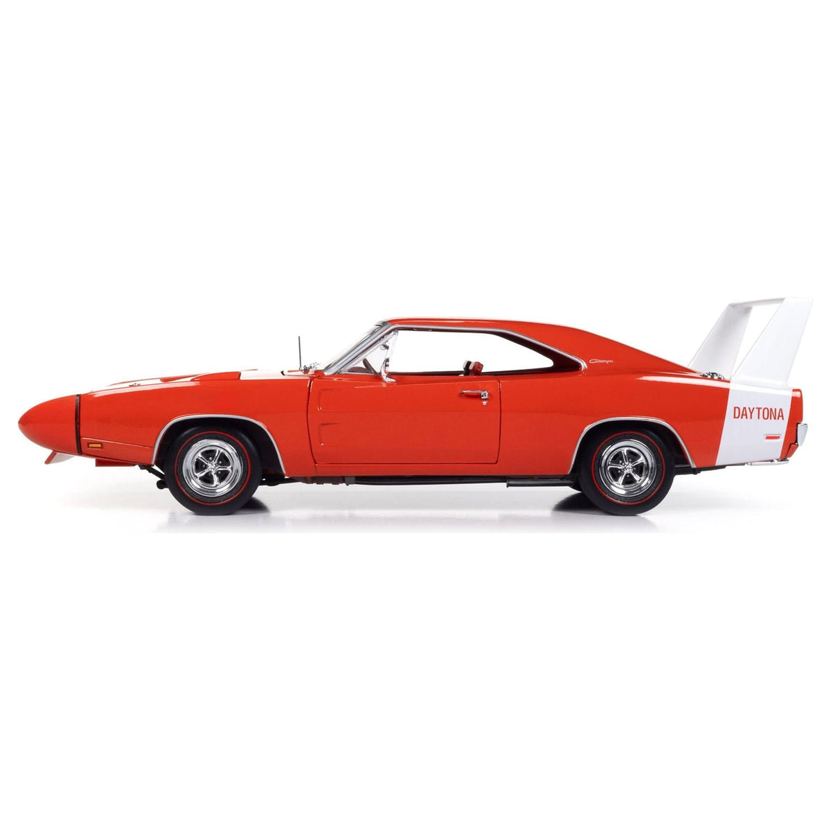 1969 Dodge Charger Daytona Red with White Tail Stripe and Red Interior "Muscle Car & Corvette Nationals" (MCACN) "American Muscle" Series 1/18 Diecast Model Car by Auto World-Autoworld-ModelCars.com
