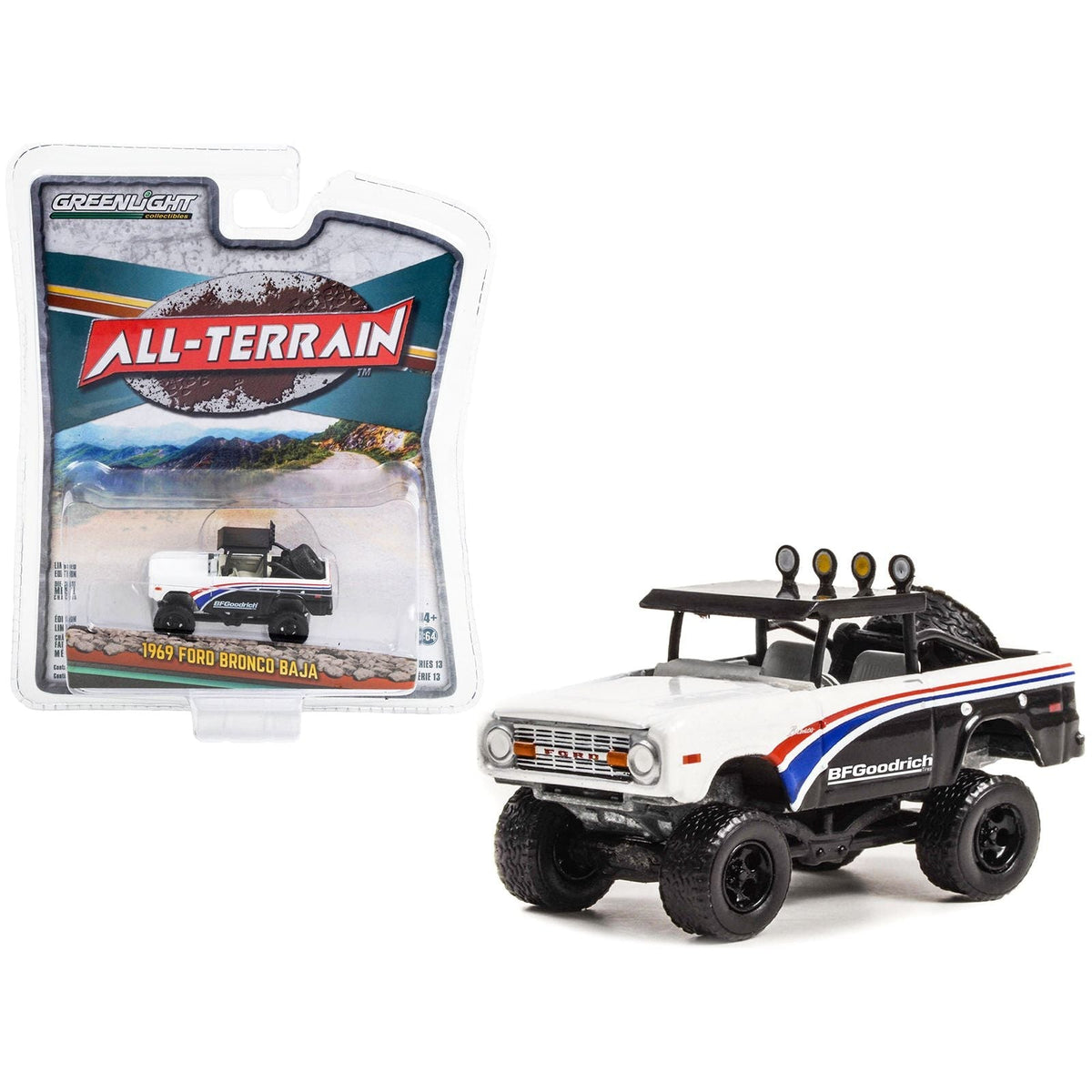 1969 Ford Bronco Baja Black and White with Stripes "BFGoodrich" "All Terrain" Series 13 1/64 Diecast Model Car by Greenlight-Greenlight-ModelCars.com