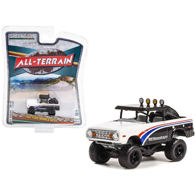 1969 Ford Bronco Baja Black and White with Stripes "BFGoodrich" "All Terrain" Series 13 1/64 Diecast Model Car by Greenlight - Greenlight - ModelCars.com