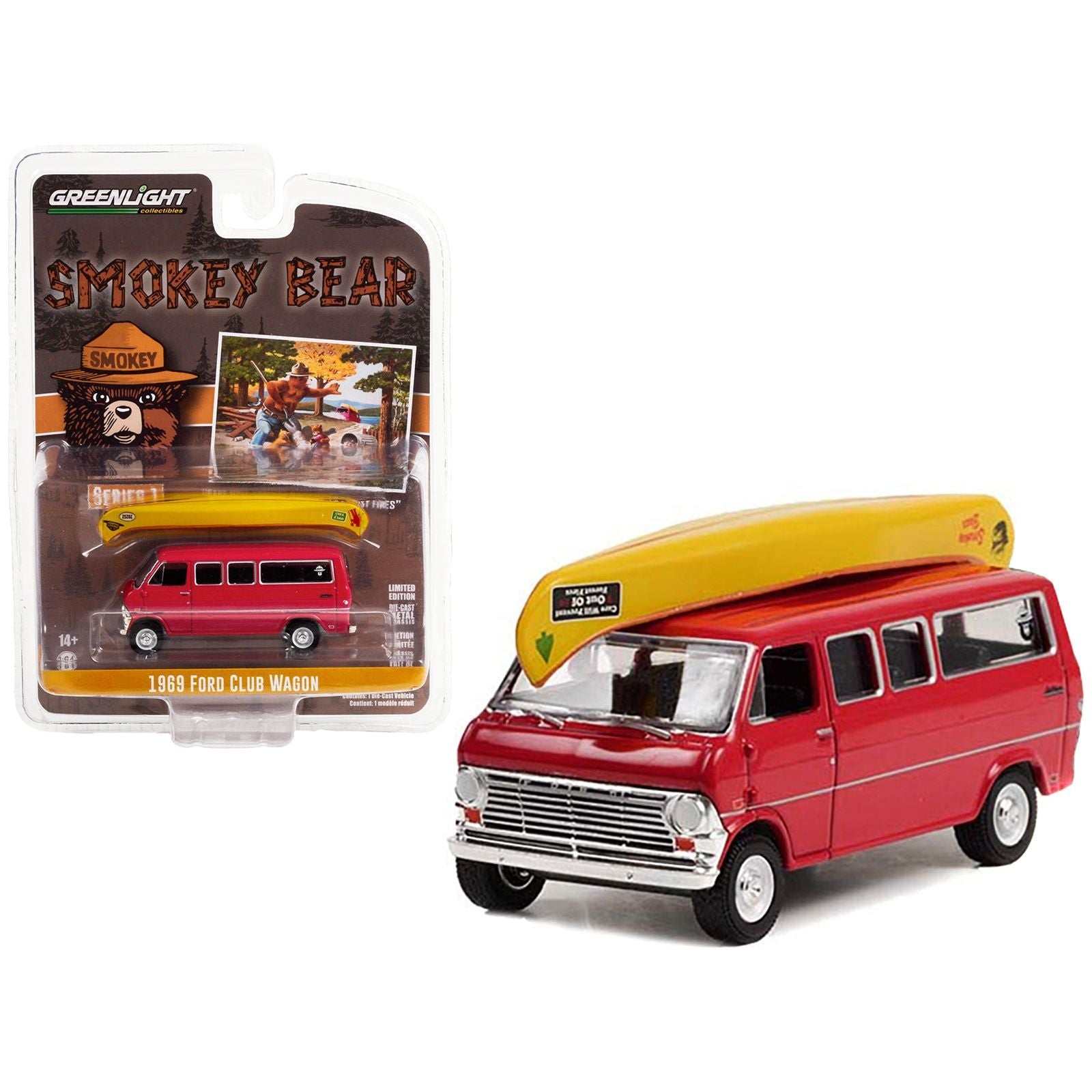 1969 Ford Club Wagon Van Red with Canoe on Roof "Care Will Prevent 9 Out Of 10 Forest Fires!" "Smokey Bear" Series 1 1/64 Diecast Model Car by Greenlight - Greenlight - ModelCars.com