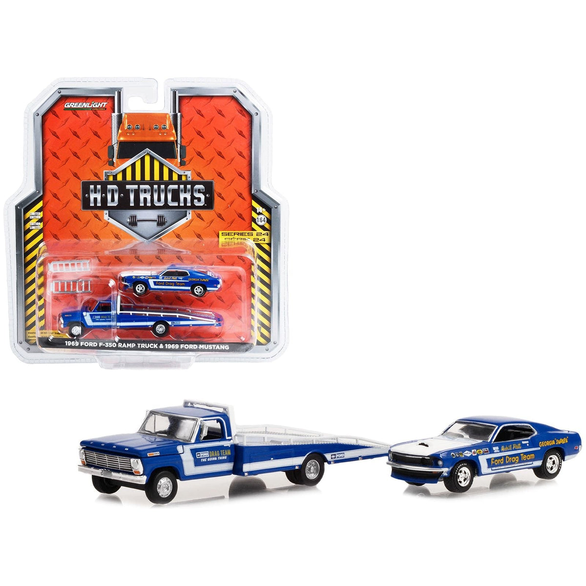 1969 Ford F-350 Ramp Truck Blue "The Going Thing" and 1969 Ford Mustang Blue "Hubert Platt's Georgia Shaker" "Ford Drag Team" "Heavy Duty H.D. Trucks" Series 24 1/64 Diecast Model Car by Greenlight-Greenlight-ModelCars.com