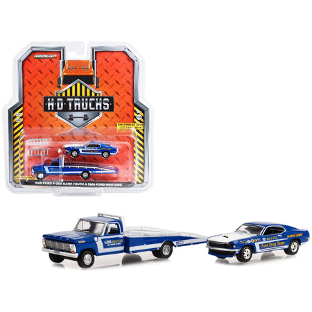 1969 Ford F - 350 Ramp Truck Blue "The Going Thing" and 1969 Ford Mustang Blue "Hubert Platt's Georgia Shaker" "Ford Drag Team" "Heavy Duty H.D. Trucks" Series 24 1/64 Diecast Model Car by Greenlight - Greenlight - ModelCars.com