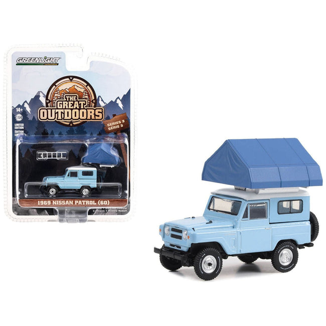 1969 Nissan Patrol (60) Light Blue with White Top and Camp'otel Cartop Sleeper Tent "The Great Outdoors" Series 3 1/64 Diecast Model Car by Greenlight - Greenlight - ModelCars.com