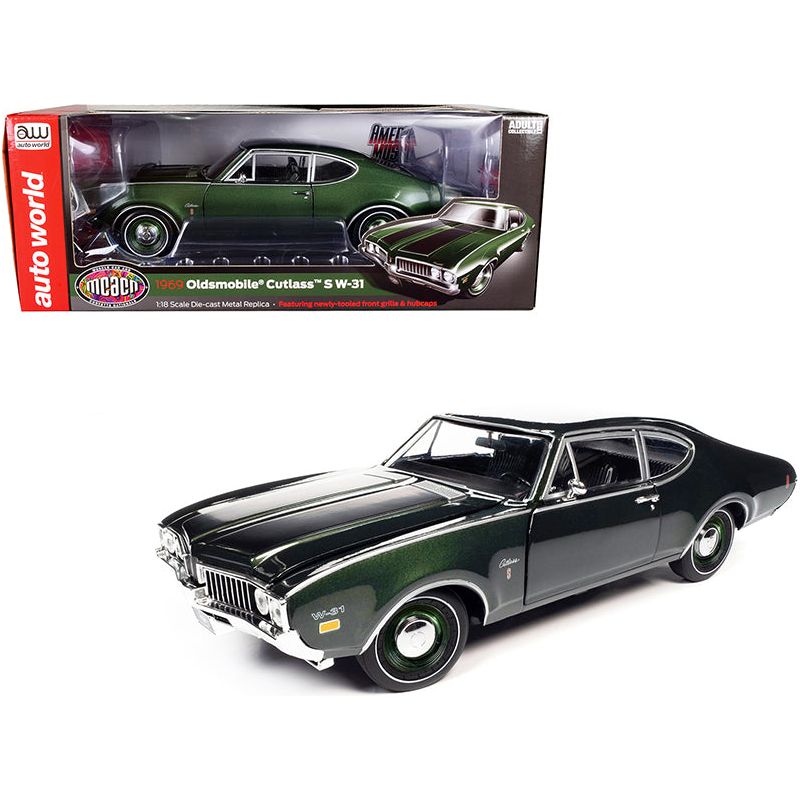 1969 Oldsmobile Cutlass S W-31 Post Coupe Glade Green Metallic with Black Hood Stripes "Muscle Car & Corvette Nationals" (MCACN) 1/18 Diecast Model Car by Auto World-Autoworld-ModelCars.com