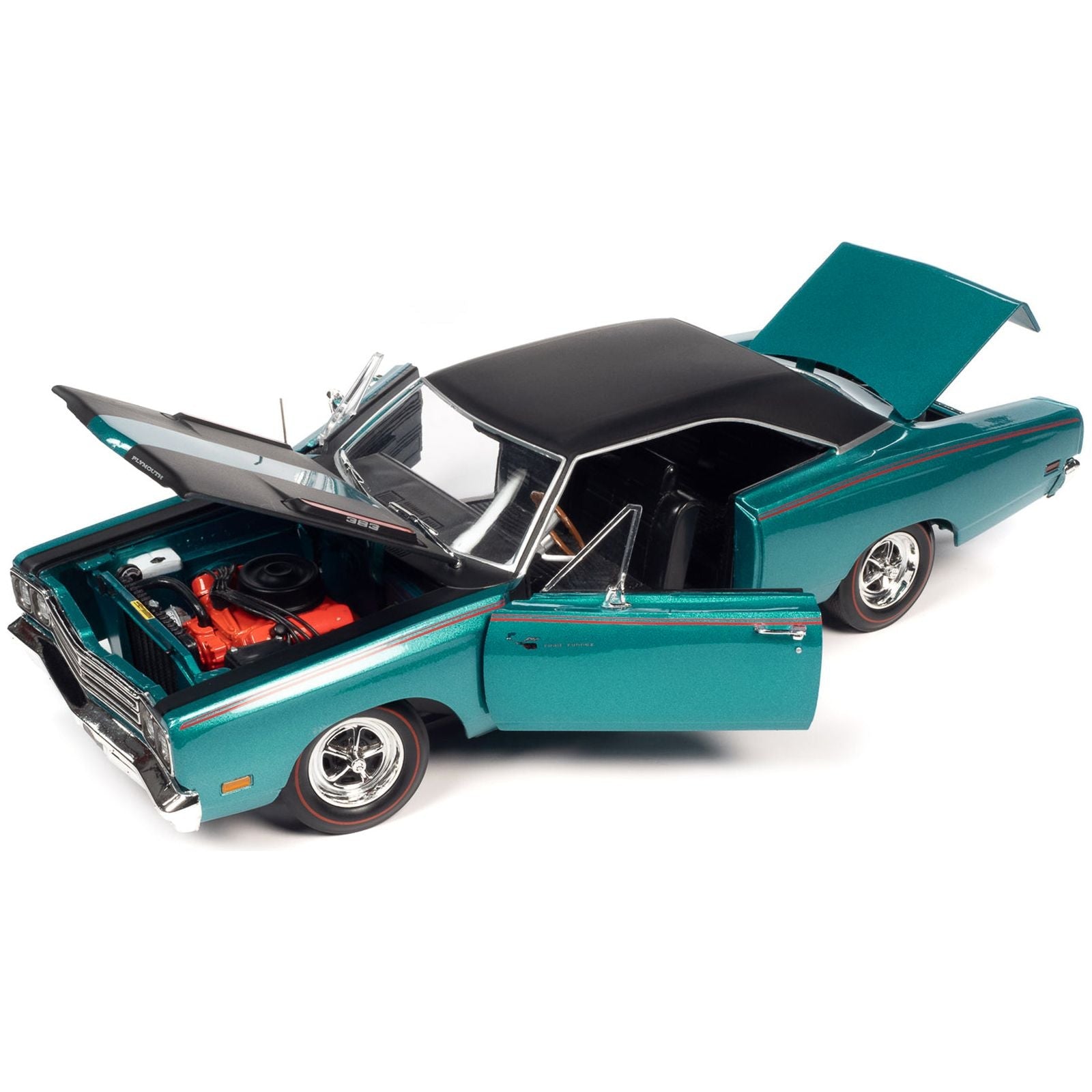 1969 Plymouth Road Runner Seafoam Turquoise Metallic with Black Top and Red Stripes "Muscle Car & Corvette Nationals" (MCACN) 1/18 Diecast Model Car by Auto World - Autoworld - ModelCars.com