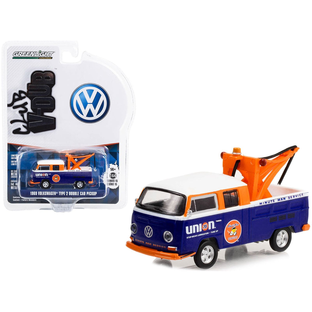 1969 Volkswagen Double Cab Pickup Tow Truck Blue and White "Union 76 Minute Man Service" "Club Vee V - Dub" Series 15 1/64 Diecast Model Car by Greenlight - Greenlight - ModelCars.com